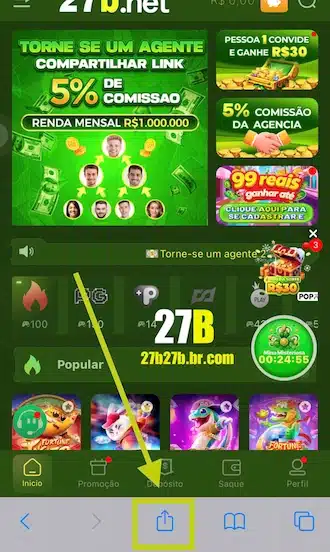 Toque no ícone de "Compartilhar" (o quadradinho com uma seta para cima) no rodapé da tela.