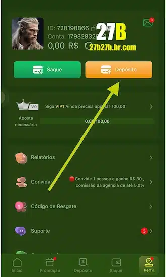 Depois, procure e clique no botão “Depositar”