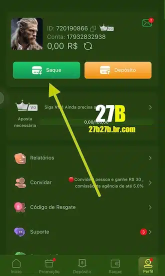 Depois, clique na opção "Saque" dentro do menu da sua conta.