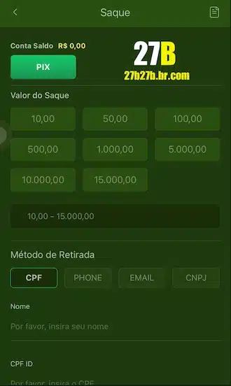 volte para a tela de saque da 27B e coloque o valor que você quer tirar da sua conta